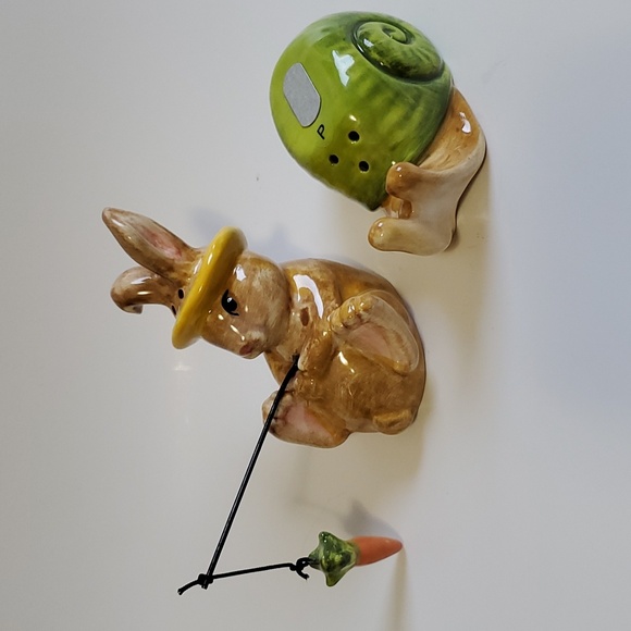 Pier 1 Rabbit on Snail Salt and Pepper Shakers. Rabbit Fishing on Snails Back - Picture 2 of 5